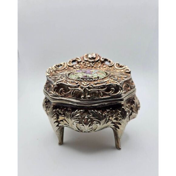 Vintage 1950's Italian Silver Rose Footed Jewelry Casket Jewelry Box Trinket Box